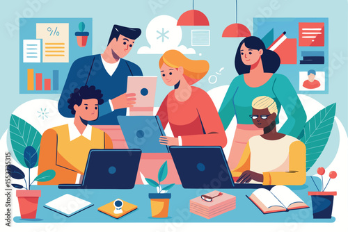 Diverse team collaborates on a project in a modern workspace during the day, using laptops and tablets for effective teamwork and communication