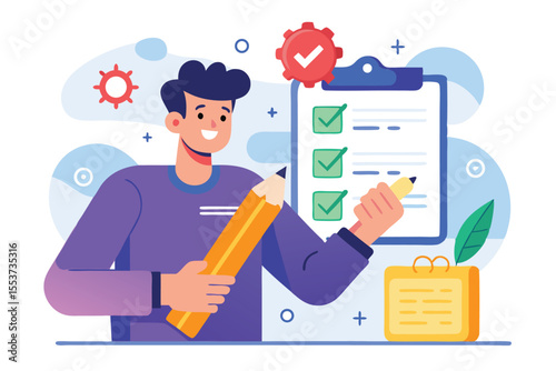 Product developer engaged in creative planning and strategy with a pencil in hand while reviewing a checklist for project development in a vibrant workspace environment