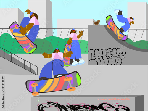Stylized characters skateboarding in urban skatepark with graffiti ramp city buildings trees and concrete structures in flat colorful design