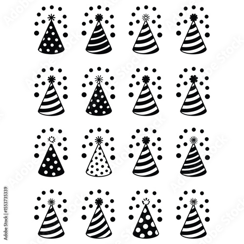 Set of 20 monochrome party hats and confetti icons in grid layout on black and white background
