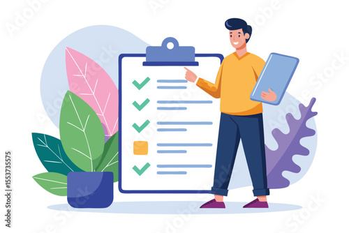 Man standing next to clipboard with checklist highlighting task completion in a modern workspace surrounded by plants