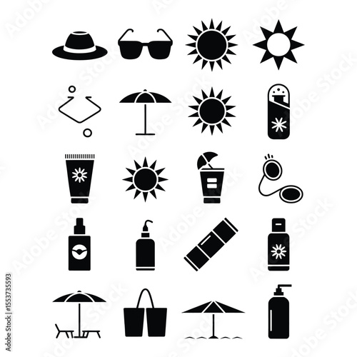 Summer essentials 20 icon set featuring hat, sunglasses, and sunscreen on isolated black and white background