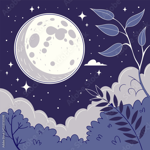 night sky with moon vector,  stunning vector illustration of a glowing full moon 