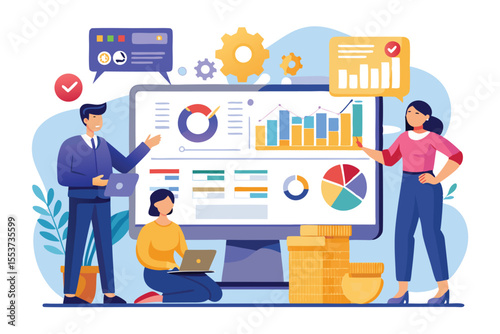 Business team analyzes financial reports online with charts and data while collaborating in a modern office setting