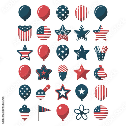  USA-themed balloon and bunting 20 icon set on isolated black and white background