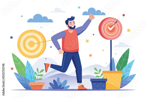 Man engaged in enthusiastic pursuit of goals while navigating through a colorful landscape filled with targets and foliage in a flat design style