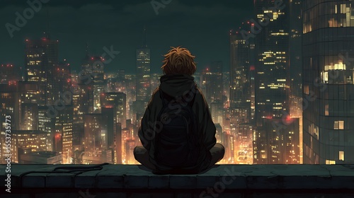 Teenager sitting on a rooftop at night, looking out over the city lights with empty eyes, modern alienation and silent despair, ultra-realistic 