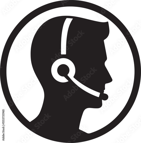 Minimalist representation showcasing a silhouette of a person with a headset, emphasizing customer service and communication themes in a clean circular design