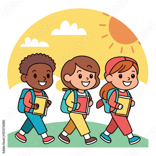 Three diverse students are walking cheerfully together with books against a sunny background