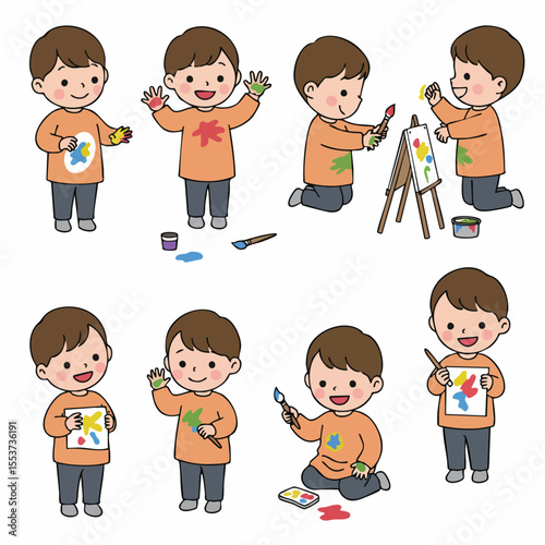 A young artist's vibrant creative world: A whimsical illustration shows a young artist engrossed in painting, exploring colors, and expressing creativity through art activities.