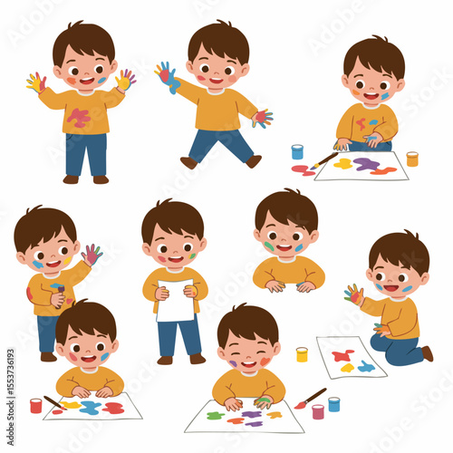 Colorful Creativity: A cheerful child, with paint-covered hands and face, radiates joy as he engages in a series of vibrant art activities, filled with color and imagination.