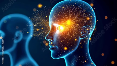 Medical digital screen, neural activity, brain mapping. Cognitive health. Neurons fire during cognition. Synapse strength improves memory retention. Brain health enhances mental capabilities.