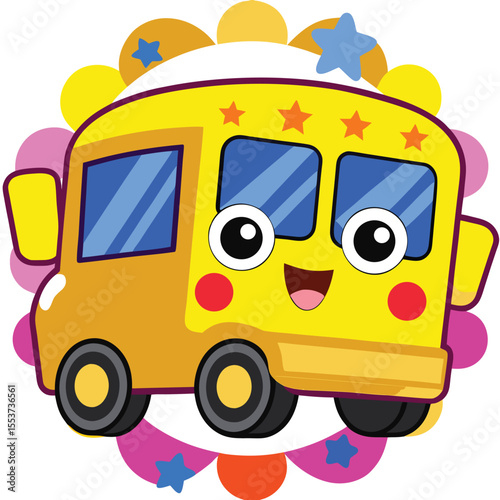 A cartoon yellow school bus displays a happy face with bright shapes around it