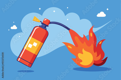 Illustration of a fire extinguisher spraying water to combat flames in a dynamic, colorful design with a clear blue background and stylized clouds