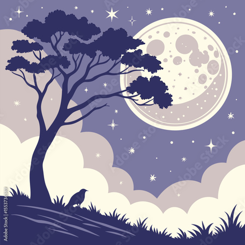 night sky with moon vector,  stunning vector illustration of a glowing full moon 