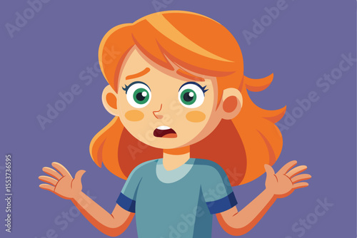 Confused girl with orange hair expressing anxiety and uncertainty in a colorful background