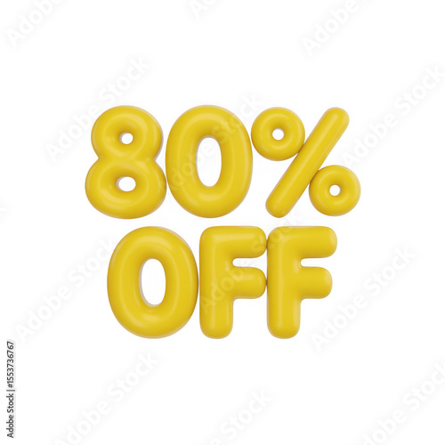 Bright yellow 3d eighty percent off text isolated on transparent background