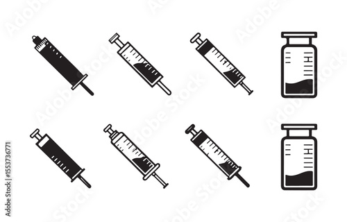 Bundle of linear symbols of syringe. Editable stroke, Suitable for Web Sites, Books, Cards, Apps
