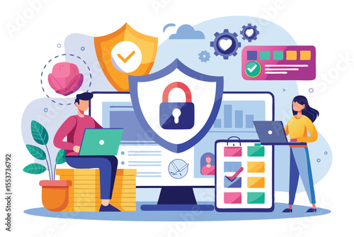 Data breach security attack illustration showing professionals working on protection strategies and analyzing data to combat cyber threats in a digital workspace environment