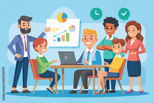 Business workshop concept depicting diverse professionals collaborating and engaging in a productive meeting environment with charts and a laptop