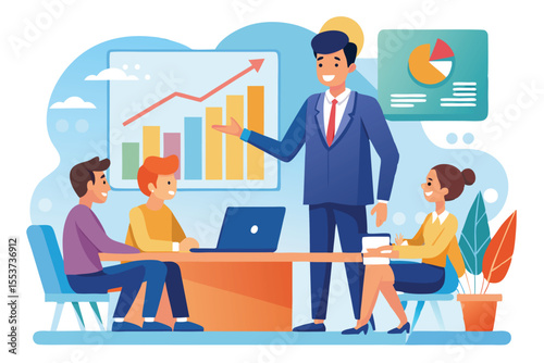 Business planning session featuring a presenter guiding a team through strategy development with charts and graphs in modern flat design