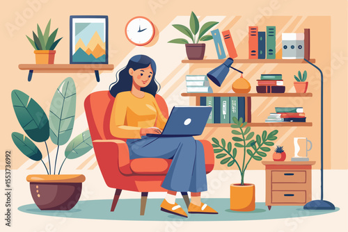 Woman enjoying her time in a cozy armchair while working on a laptop in a well-decorated home office filled with plants and books