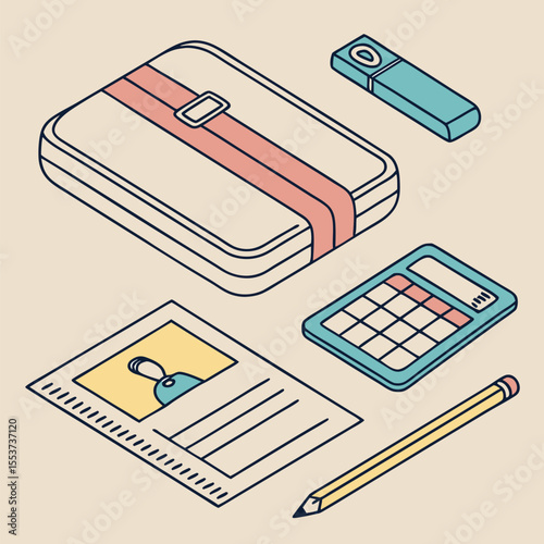 Cartoon still life shows a lunchbox, calculator, pencil, card and memory stick
