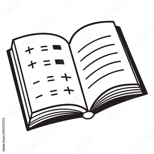 Open book showcasing addition and subtraction equations illustrated with bold lines, isolated on white