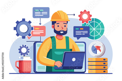 System maintenance update program in action featuring a worker using a laptop surrounded by tools and graphics