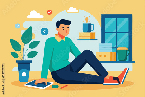 Man taking a break from work while enjoying a relaxed moment indoors, surrounded by plants and personal items, during a sunny afternoon