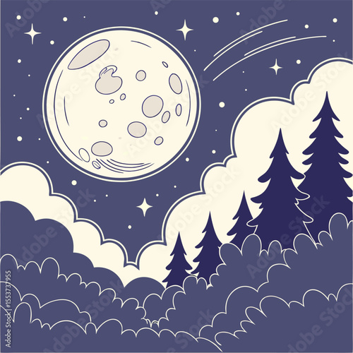 night sky with moon vector,  stunning vector illustration of a glowing full moon 