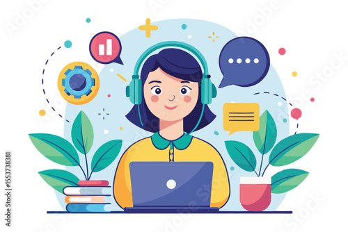 Customer support concept illustration featuring a woman assisting clients with a laptop while surrounded by plants and communication elements