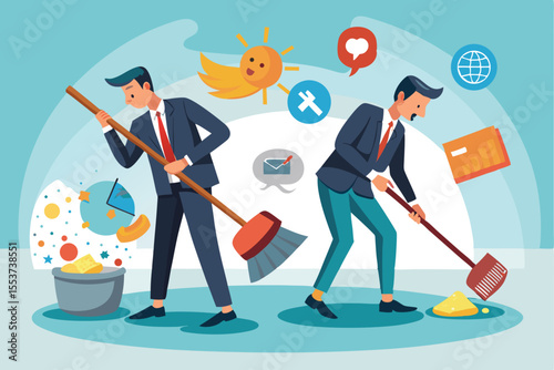 Businessmen engage in a cleaning effort, using broom and dustpan to tidy up while surrounded by colorful social media icons and symbols in a cheerful environment