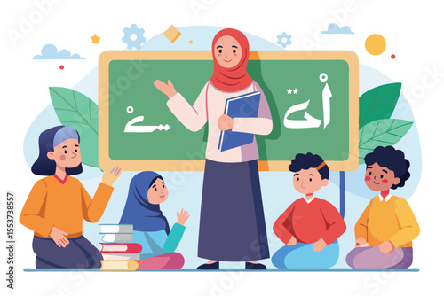 Muslim woman teaches Arabic letters to children at a learning center in an engaging classroom setting during the afternoon