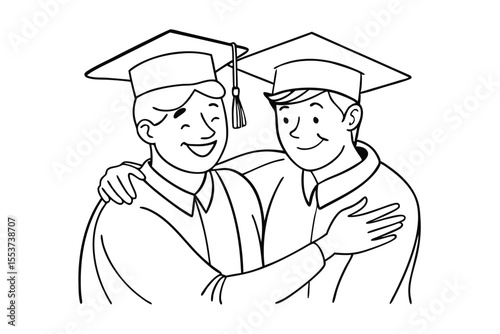 Two best friends celebrating graduation with a warm hug while wearing caps and gowns, symbolizing joy and accomplishment in a heartfelt moment of friendship