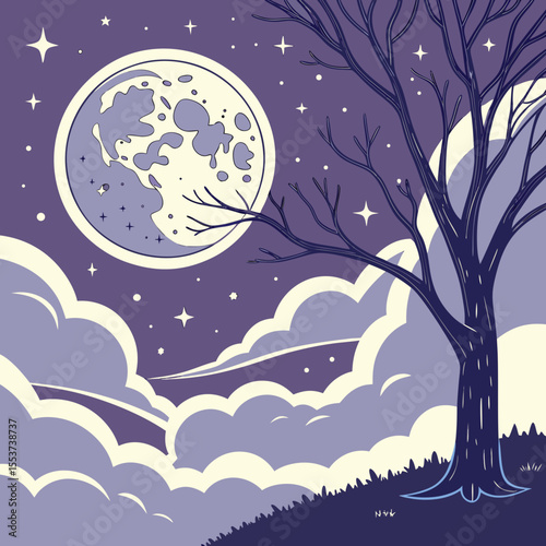night sky with moon vector,  stunning vector illustration of a glowing full moon 