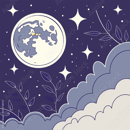 night sky with moon vector,  stunning vector illustration of a glowing full moon 