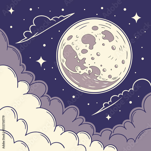 night sky with moon vector,  stunning vector illustration of a glowing full moon 