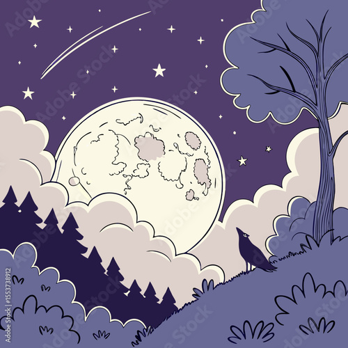 night sky with moon vector,  stunning vector illustration of a glowing full moon 