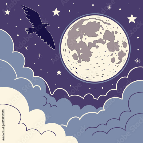 night sky with moon vector,  stunning vector illustration of a glowing full moon 