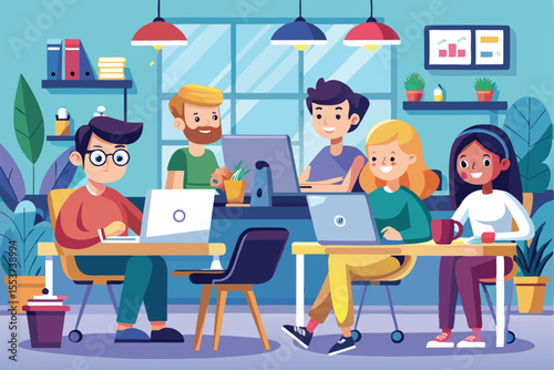 Cartoon characters collaborating in a bright and lively office environment engaged in various work activities with laptops and cheerful expressions