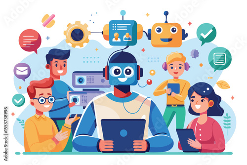 Vector illustrations of diverse individuals engaging with AI chat technology in a modern workspace setting