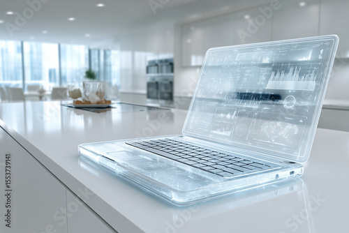 Innovative Laptop in Modern Kitchen: A futuristic and transparent laptop sits elegantly on a sleek countertop in a modern kitchen. Capturing the essence of technology.