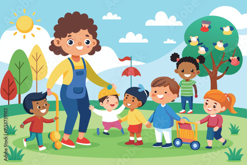 Joyful kindergarten group engages in outdoor playtime with teachers and friends on a sunny day filled with laughter and creativity in a vibrant playground setting