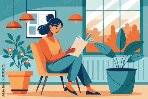 Woman reading newspaper on a chair near a potted plant in a cozy indoor setting with natural light filtering through the window