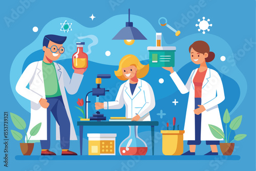 Scientists conduct experiments in a laboratory, showcasing teamwork and innovation in a vibrant and engaging environment