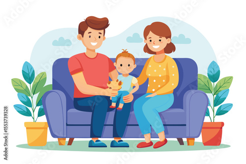 Happy family enjoying quality time at home with their baby on the sofa, surrounded by indoor plants and a cozy atmosphere