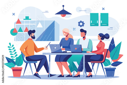 Engaging discussion among team members in a minimalist office setting with geometric elements and plants contributing to the collaborative atmosphere