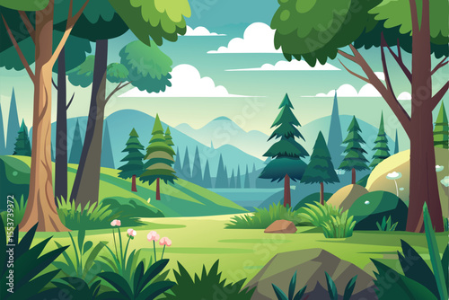 Lush forest landscape filled with diverse trees and vibrant grass under a serene sky in a tranquil natural setting