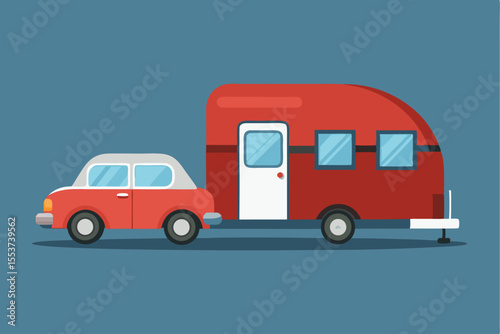 Small modern car tows an adorable tiny house trailer across a vibrant blue background, showcasing a perfect blend of urban mobility and cozy living